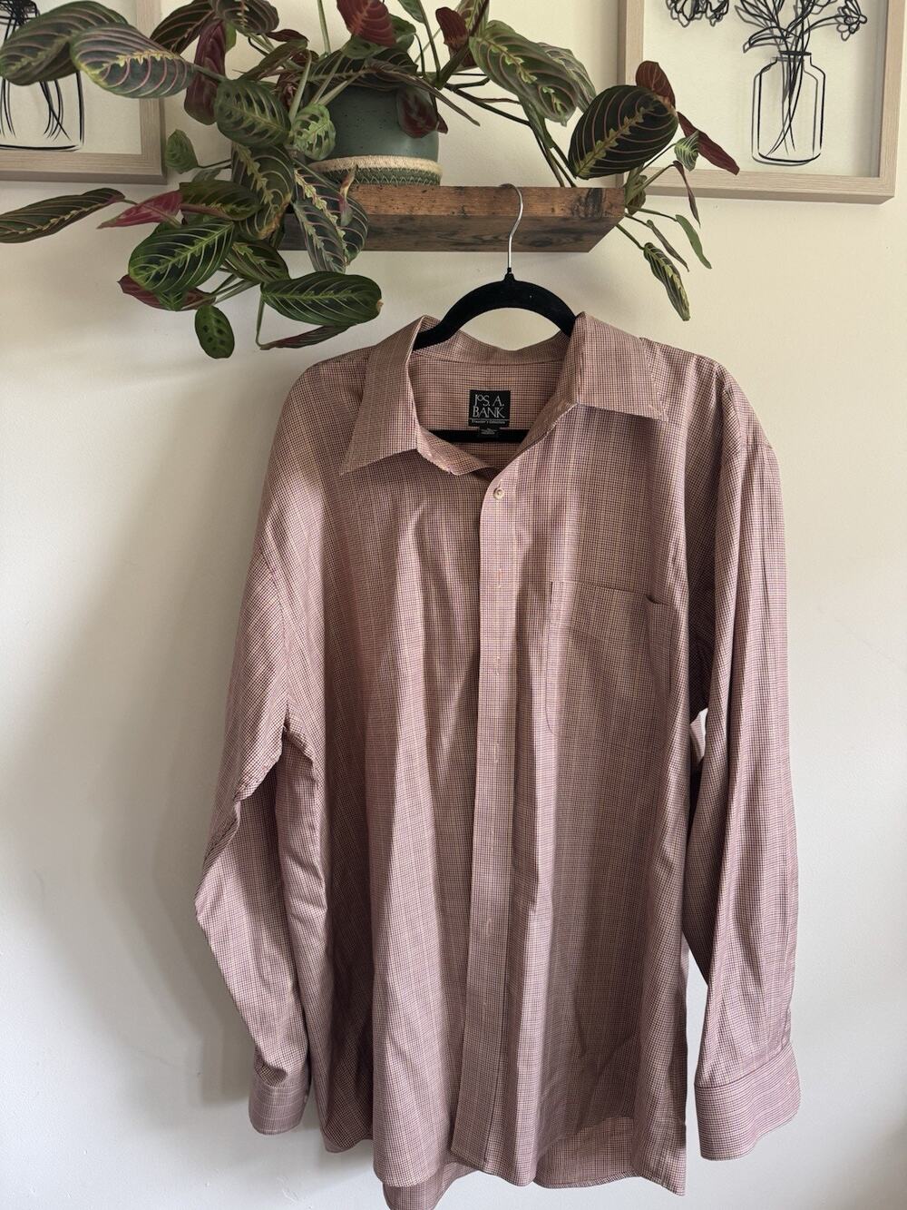 Jos A Bank Mens XL Long Sleeve Button Down Shirt Red Tan Micro Check Plaid
